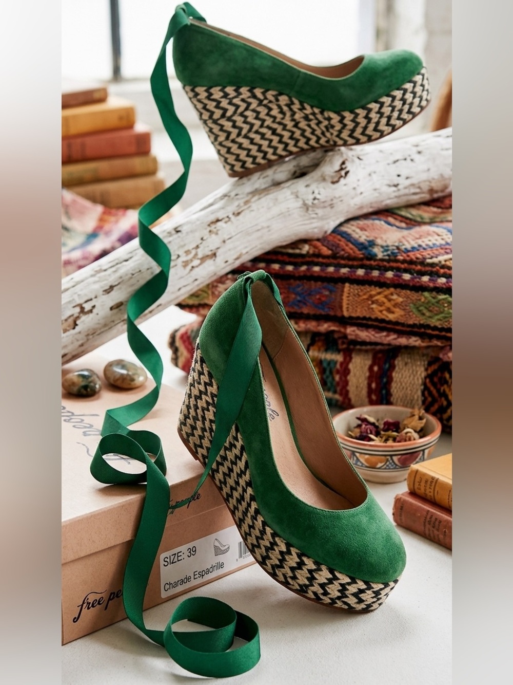 NIB Free People Charade Suede Espadrille Wedge Platform Green 39